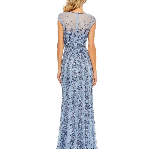 NWT Mac Duggal Sequin Beaded Embellished Blue Dress Slit Cap Sleeve Mesh 18 5619 - Picture 3 of 8
